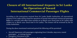 Closure of All International Airports in SL for Operation of Inward International Commercial Passenger Flights