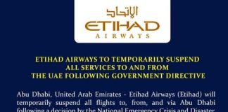 Etihad Airways to suspend flights to, from & via Abu Dhabi