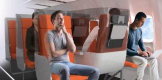 The plane seats post-coronavirus with hygiene screens and backward seating