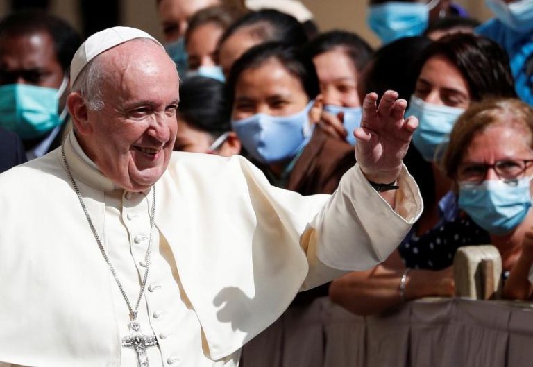 Pope all smiles at first public audience in six months, prays for Lebanon