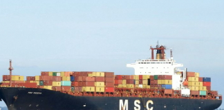 Fire erupts in a container ship