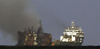 MV X-Press Pearl ship being towed into deeper seas